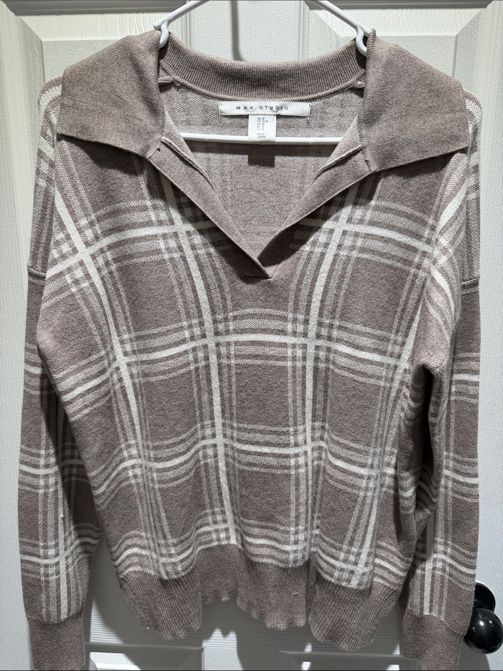 Max Studio Taupe and Cream Plaid Collared Knit Sweater - Picture 2 of 3